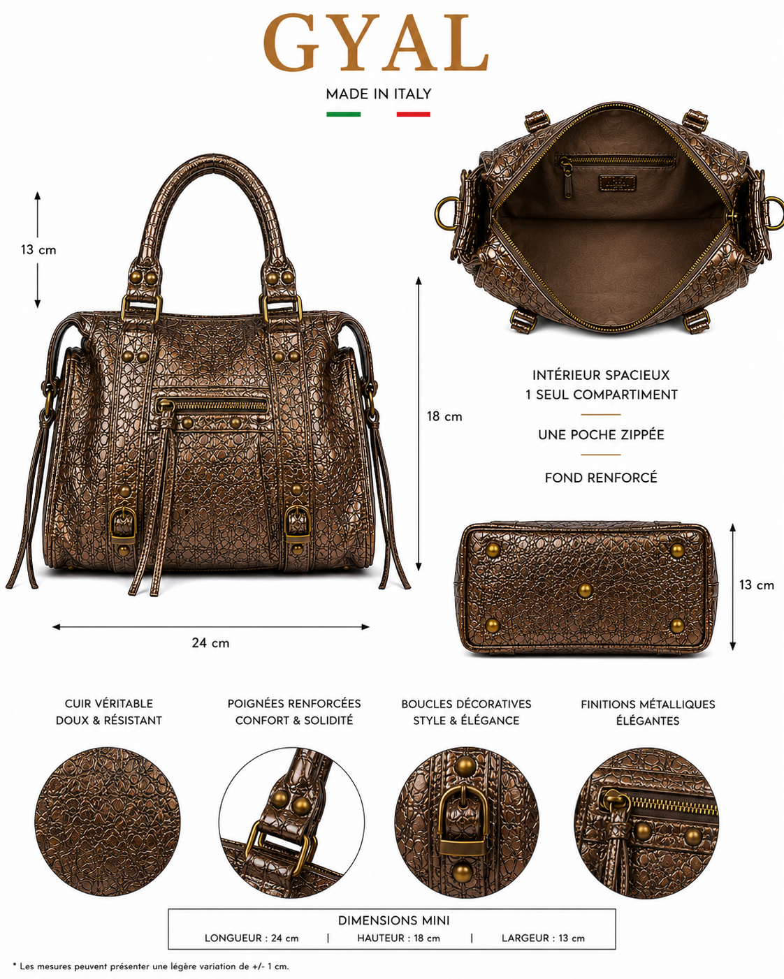 dimensions mini sac en cuir bronze