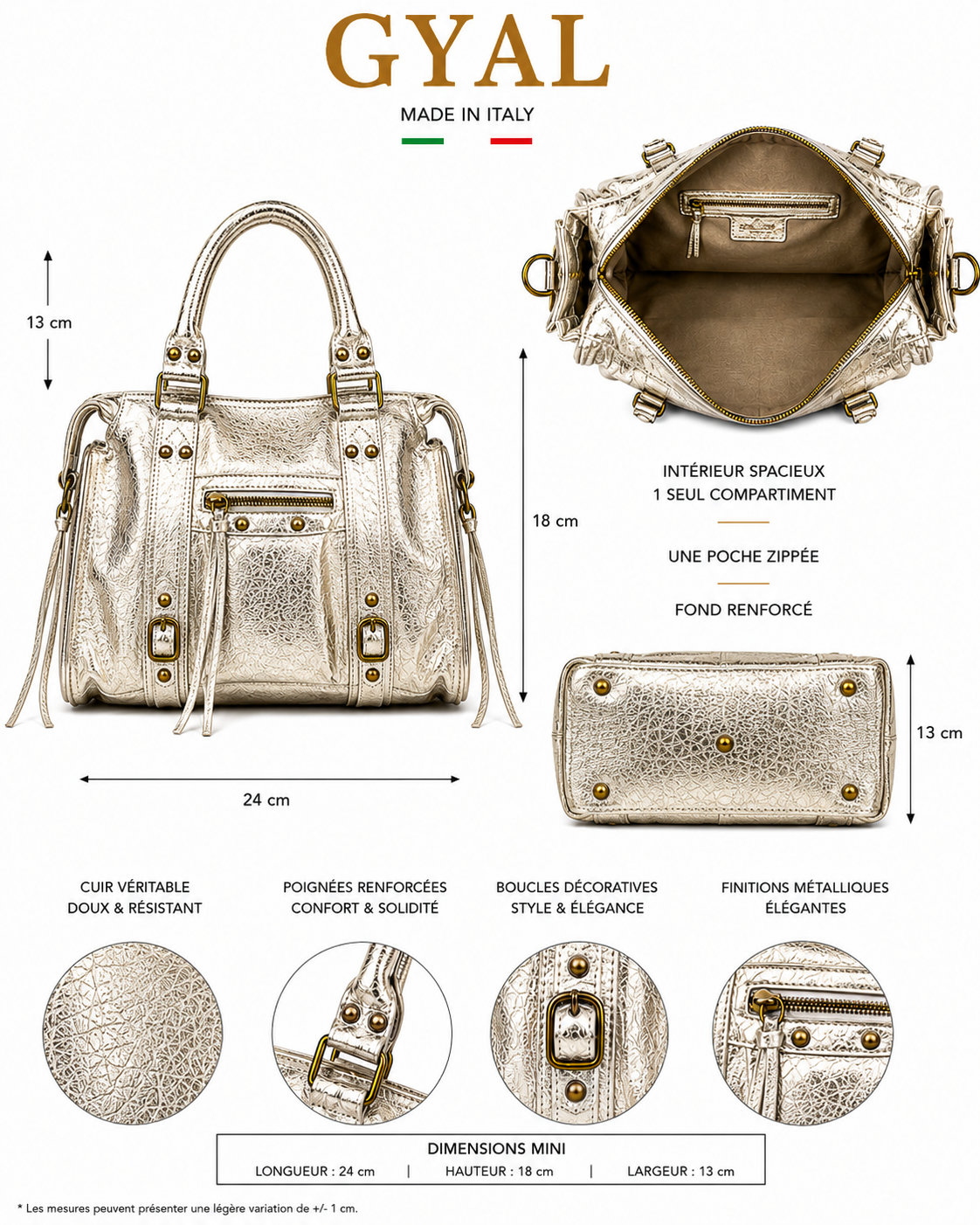 dimensions mini sac en cuir doré femme