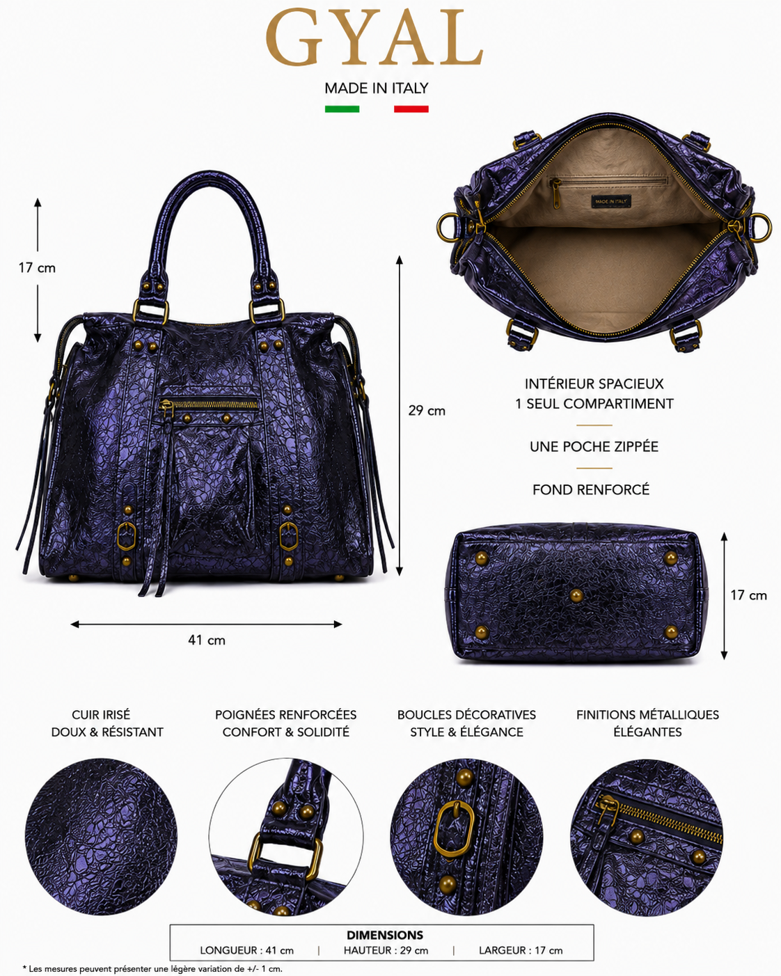 dimensions sac en cuir irisé