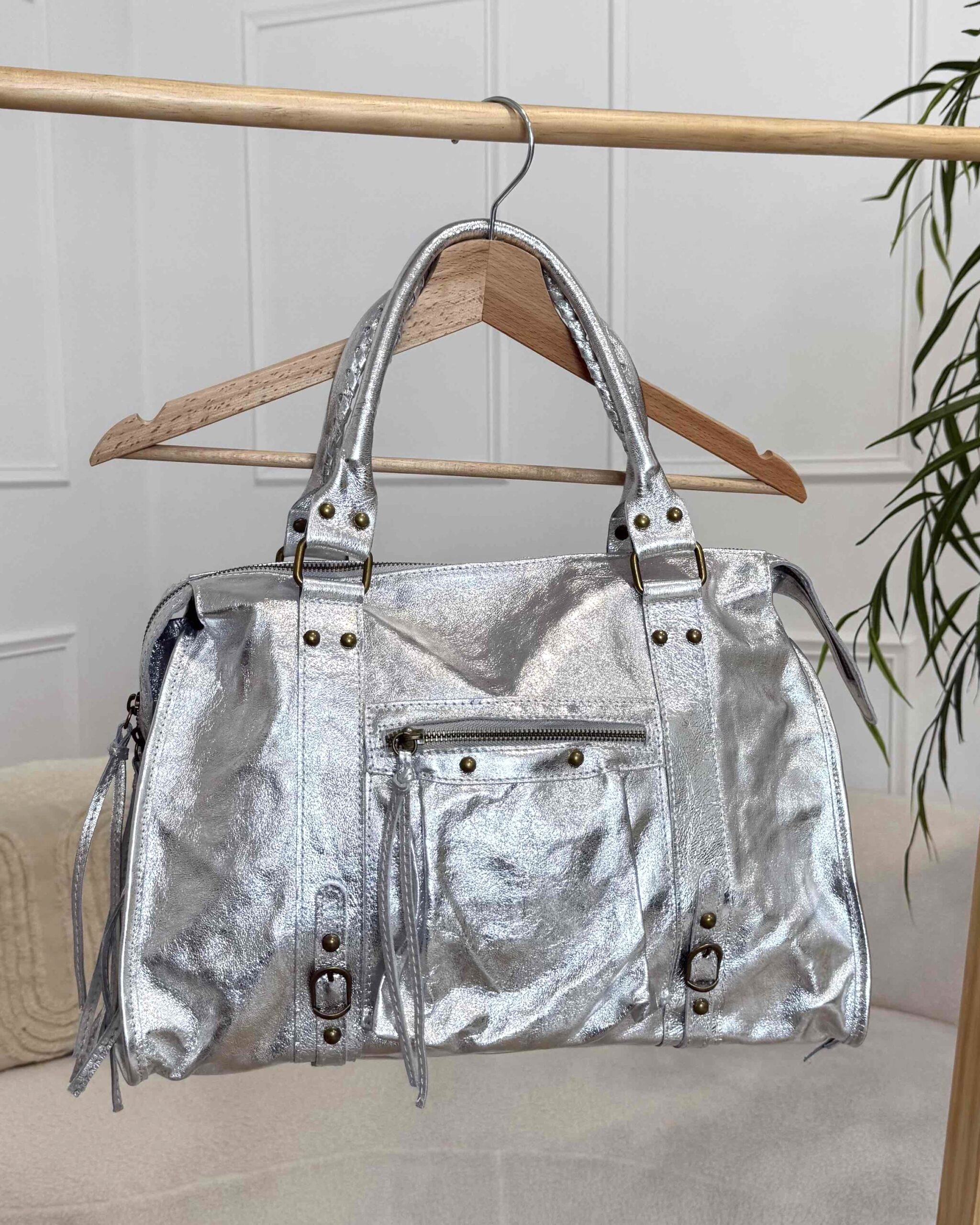 sac en cuir argenté