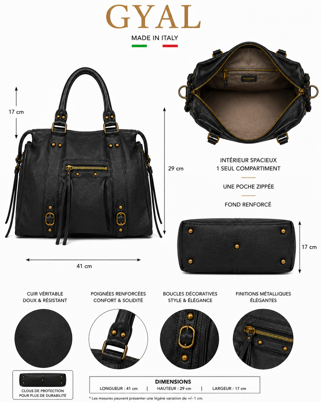 dimensions sac en cuir noir mat
