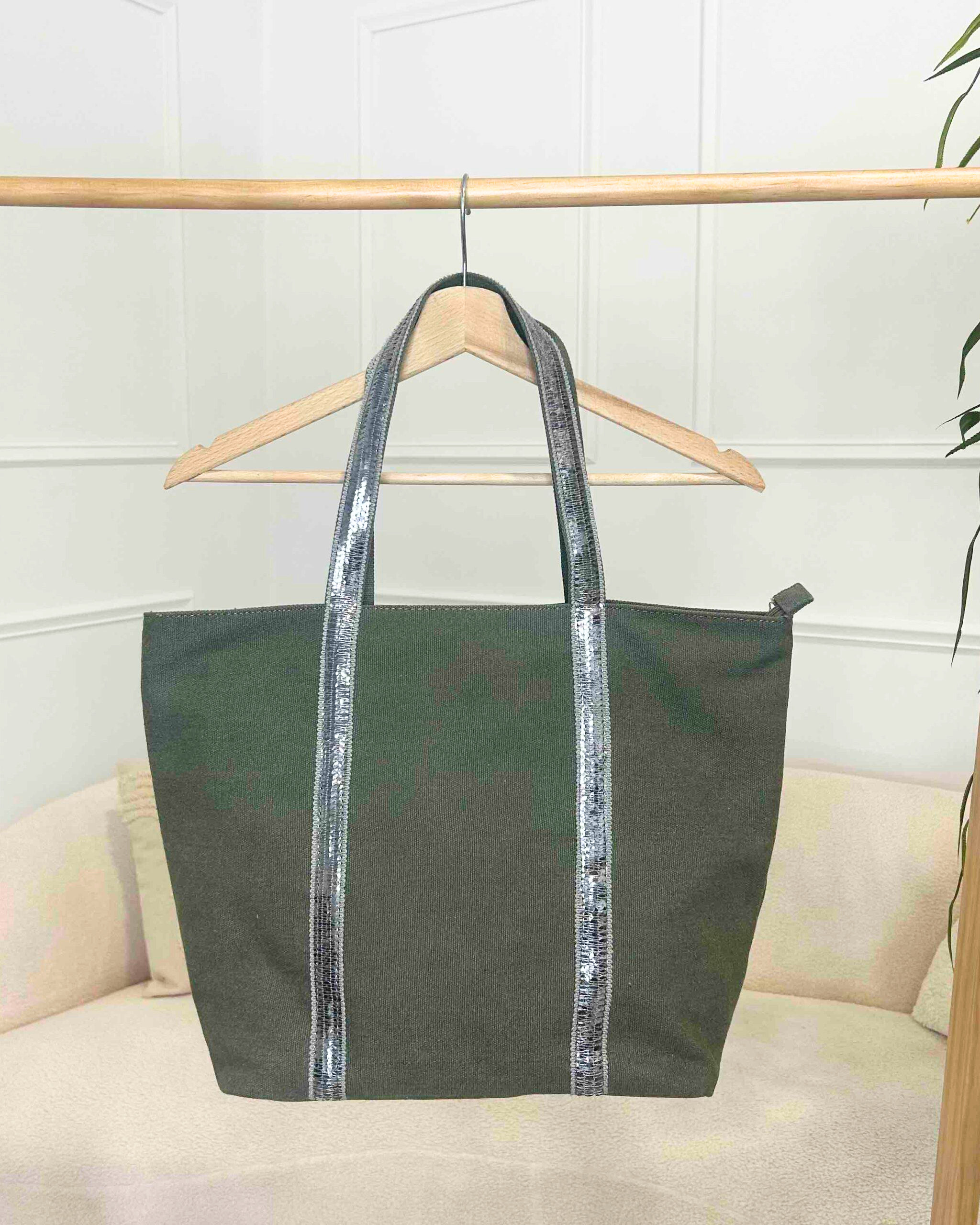 Sac cabas kaki à paillettes femme