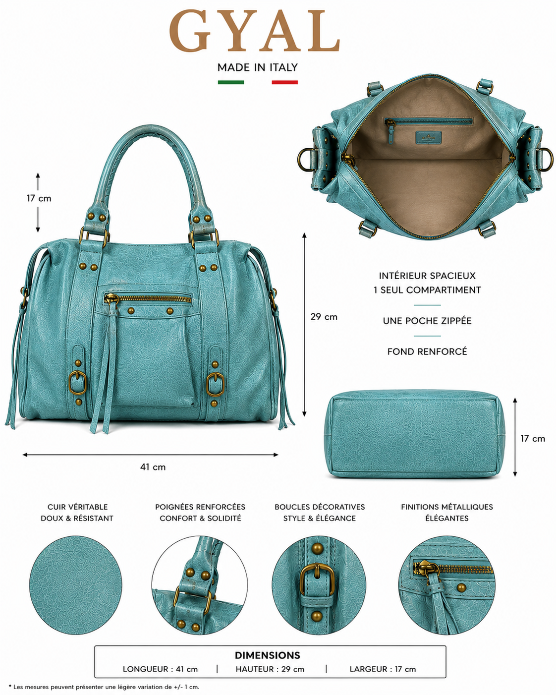 dimensions sac turquoise cuir tendance
