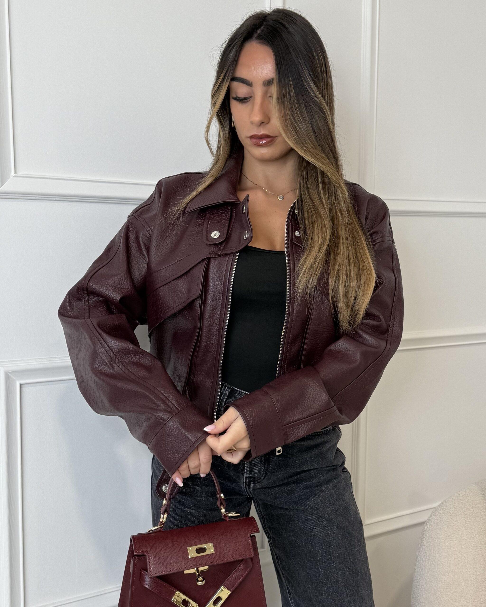 Veste en similicuir courte femme bordeaux