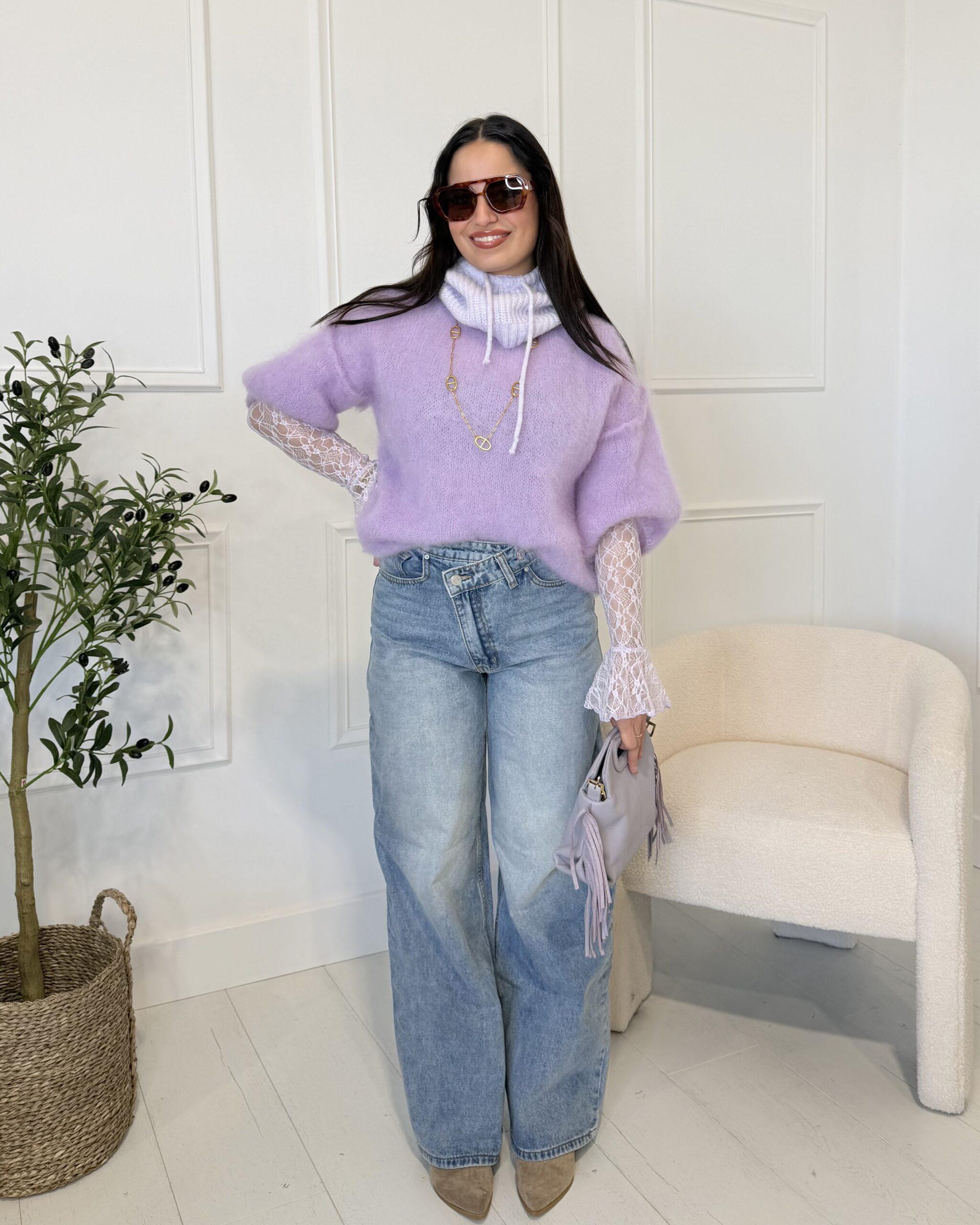 Pull en mohair, matière douce et agréable, à manches 3/4 tendance lilas