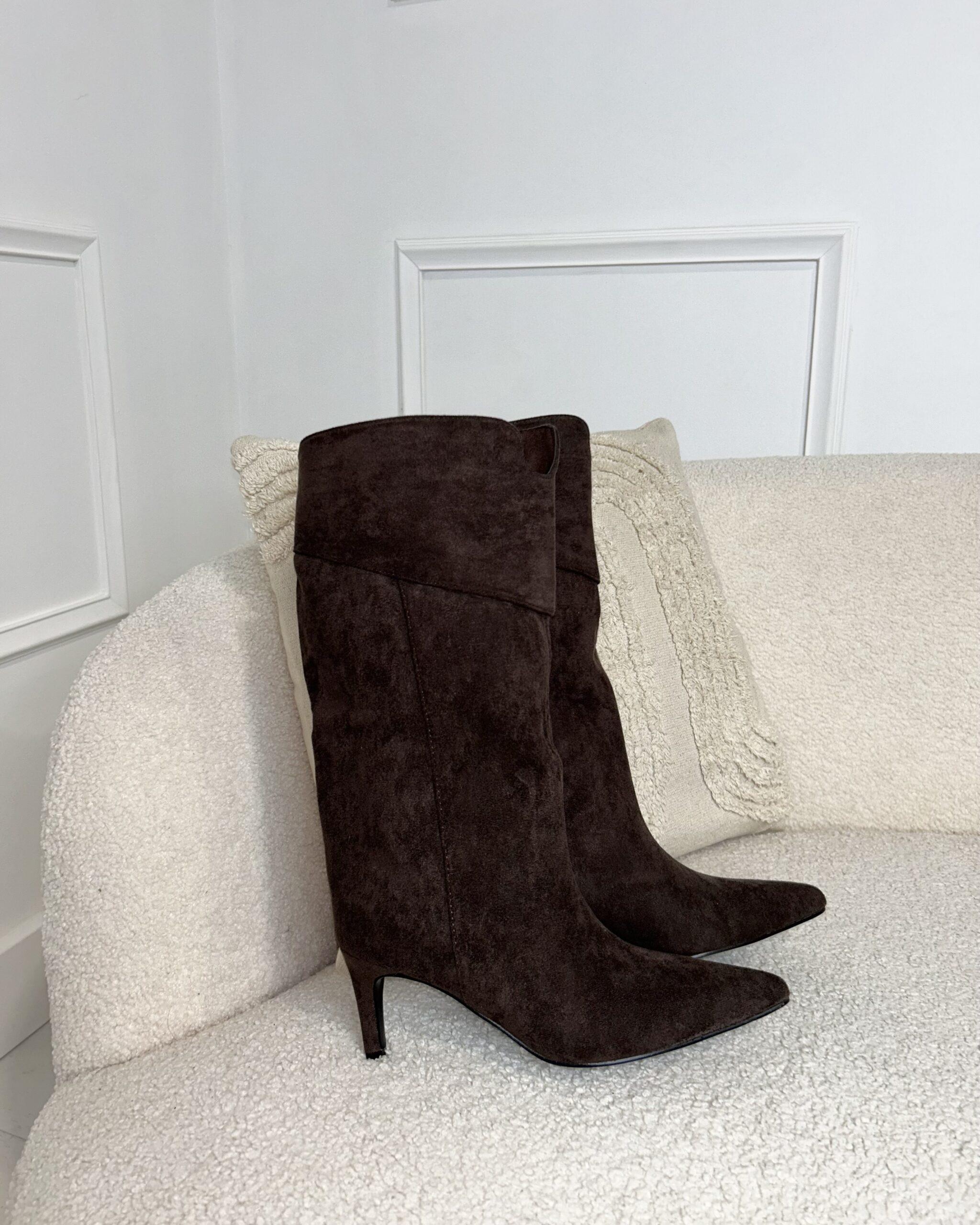 Bottes pointue à talons marron femme en suèdine