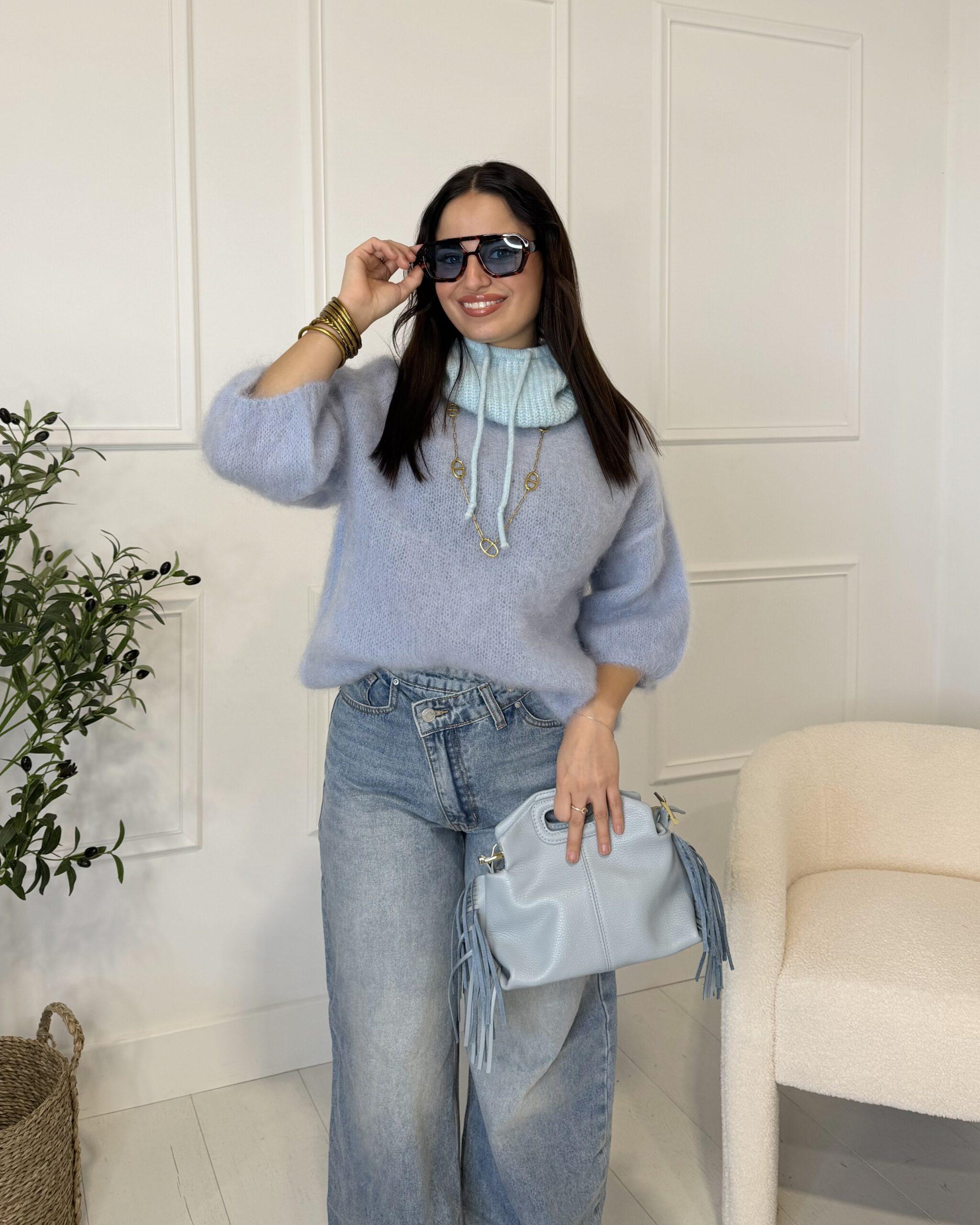 Pull à manches 3/4 bleu femme