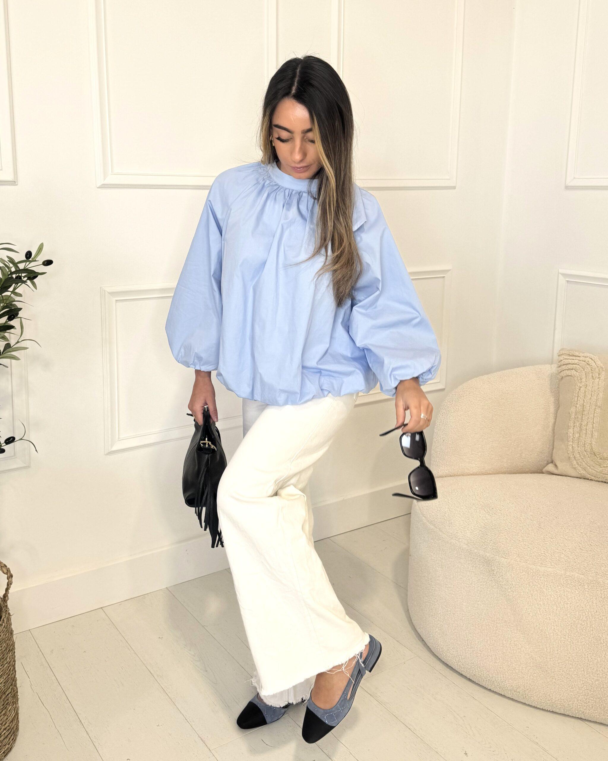 Blouse à manches longues dos-nu noeud bleu