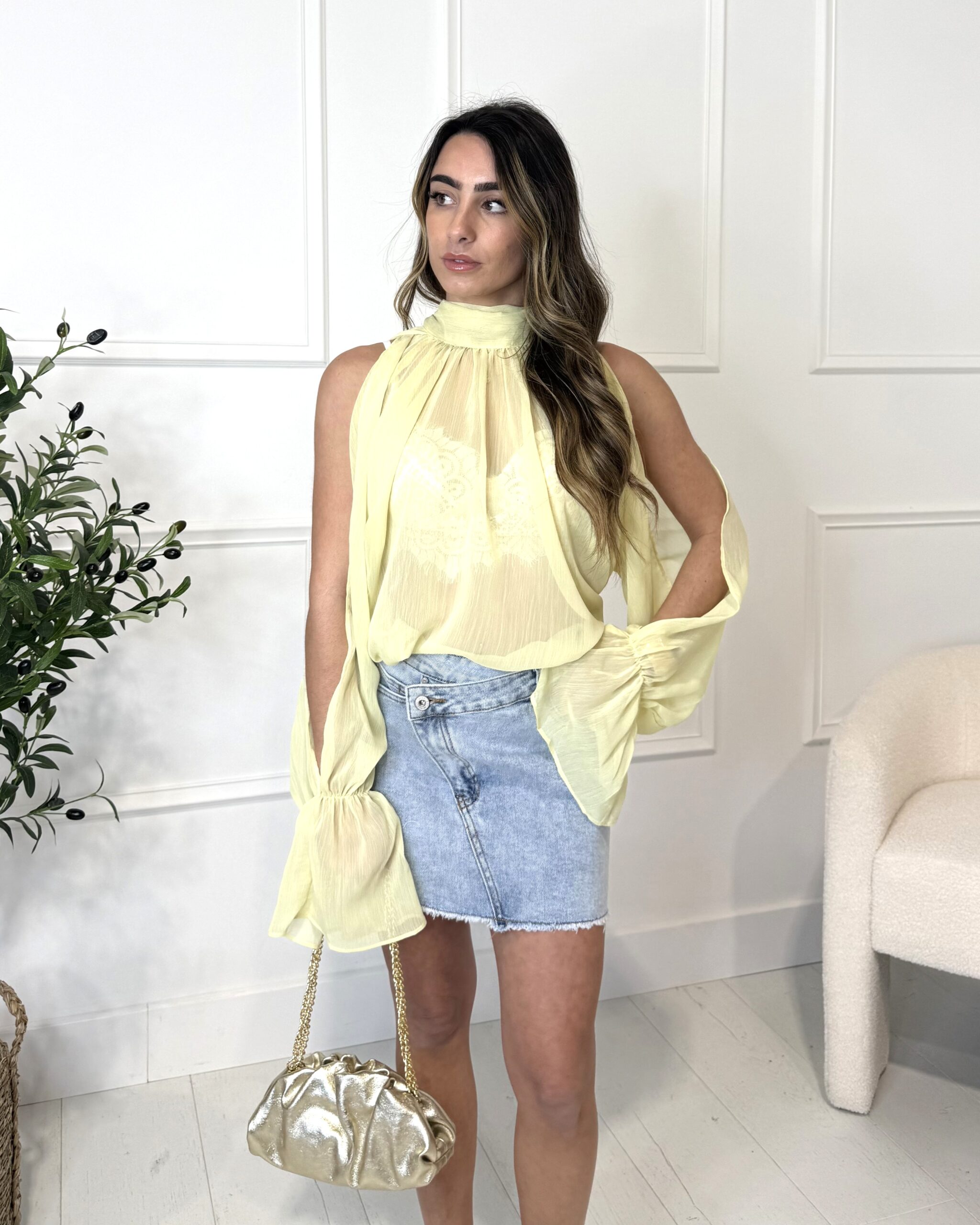 Blouse à manches ouvertes transparentes jaune femme