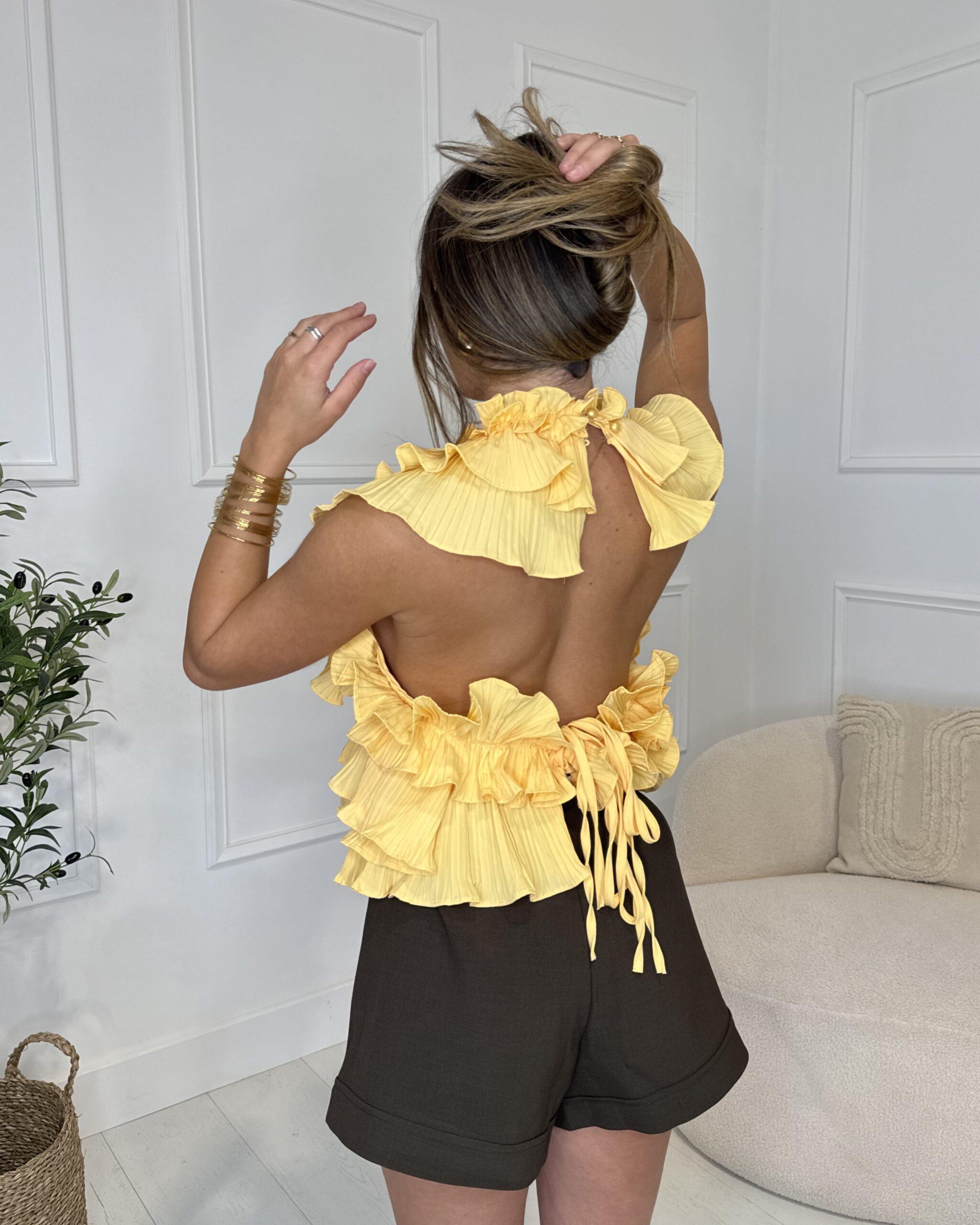 Top dos-nu à volants jaune