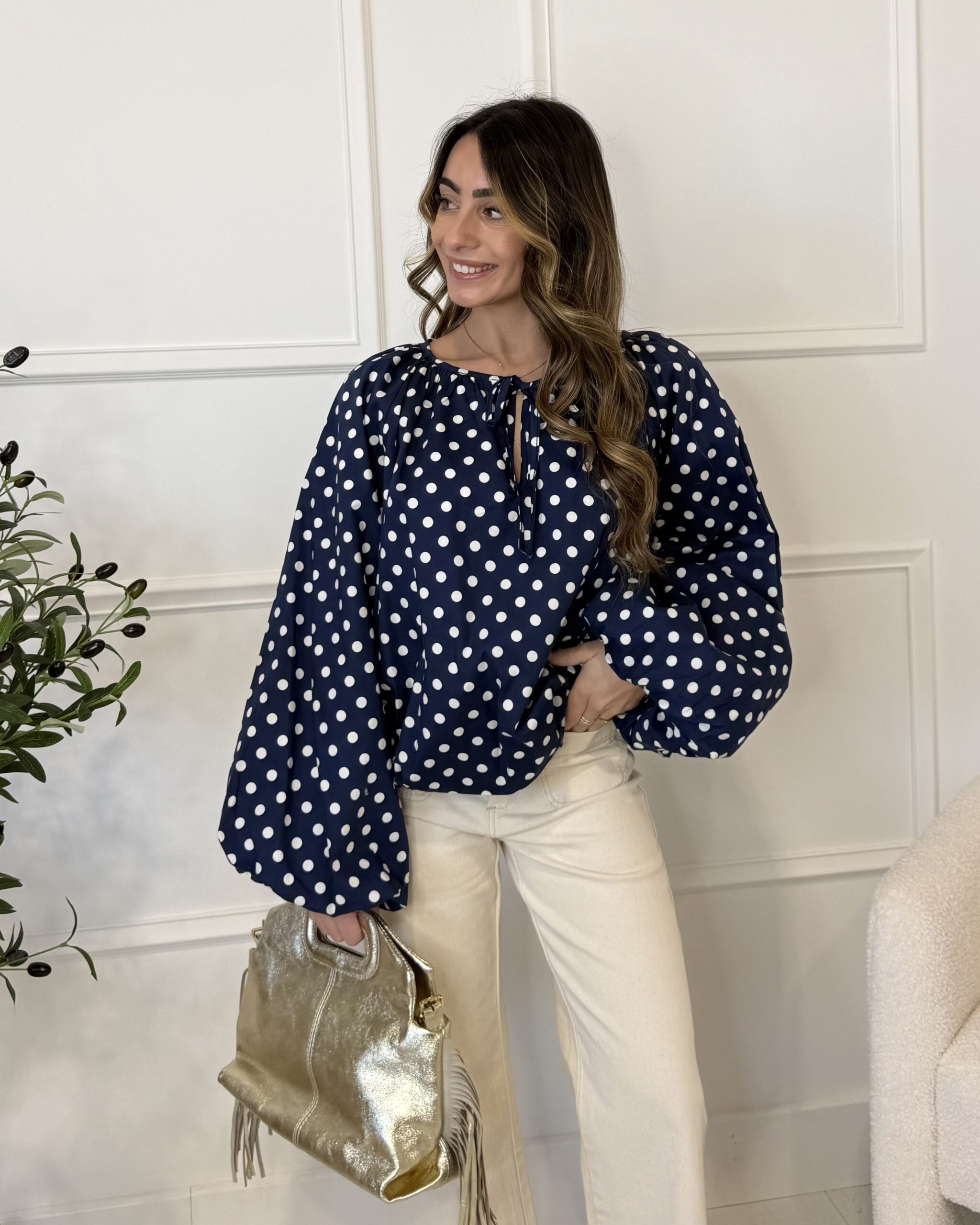 Blouse à pois manches longues bouffantes