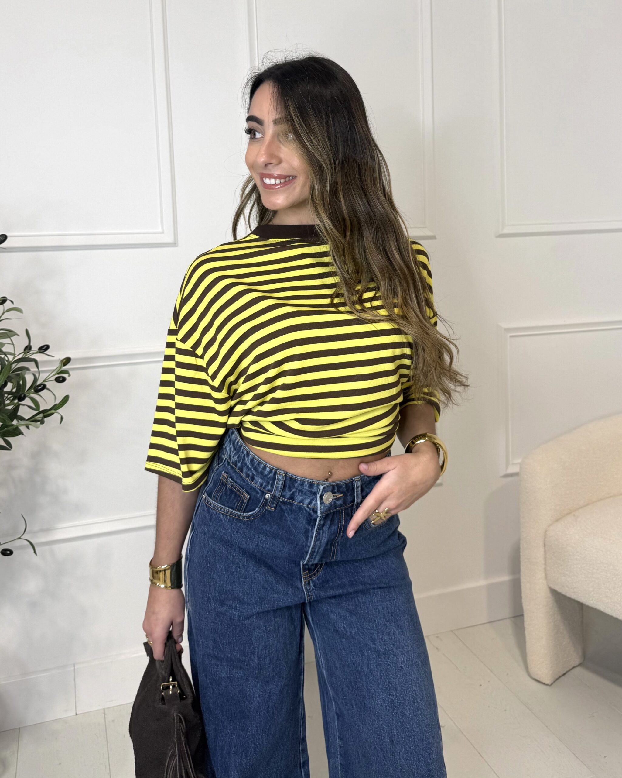 T-shirt oversize à manches courtes marinière marron et jaune