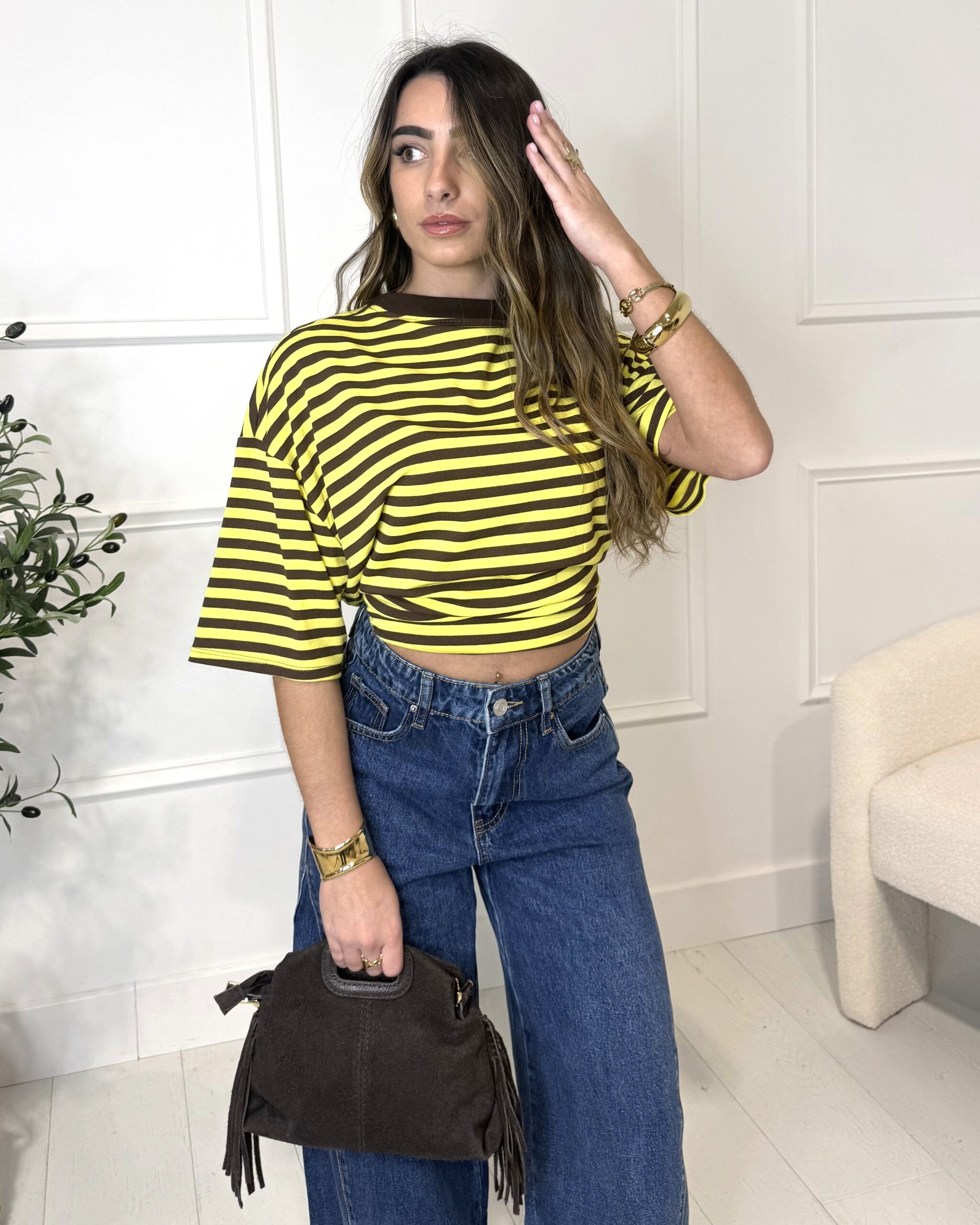 T-shirt oversize à manches courtes marinière marron et jaune