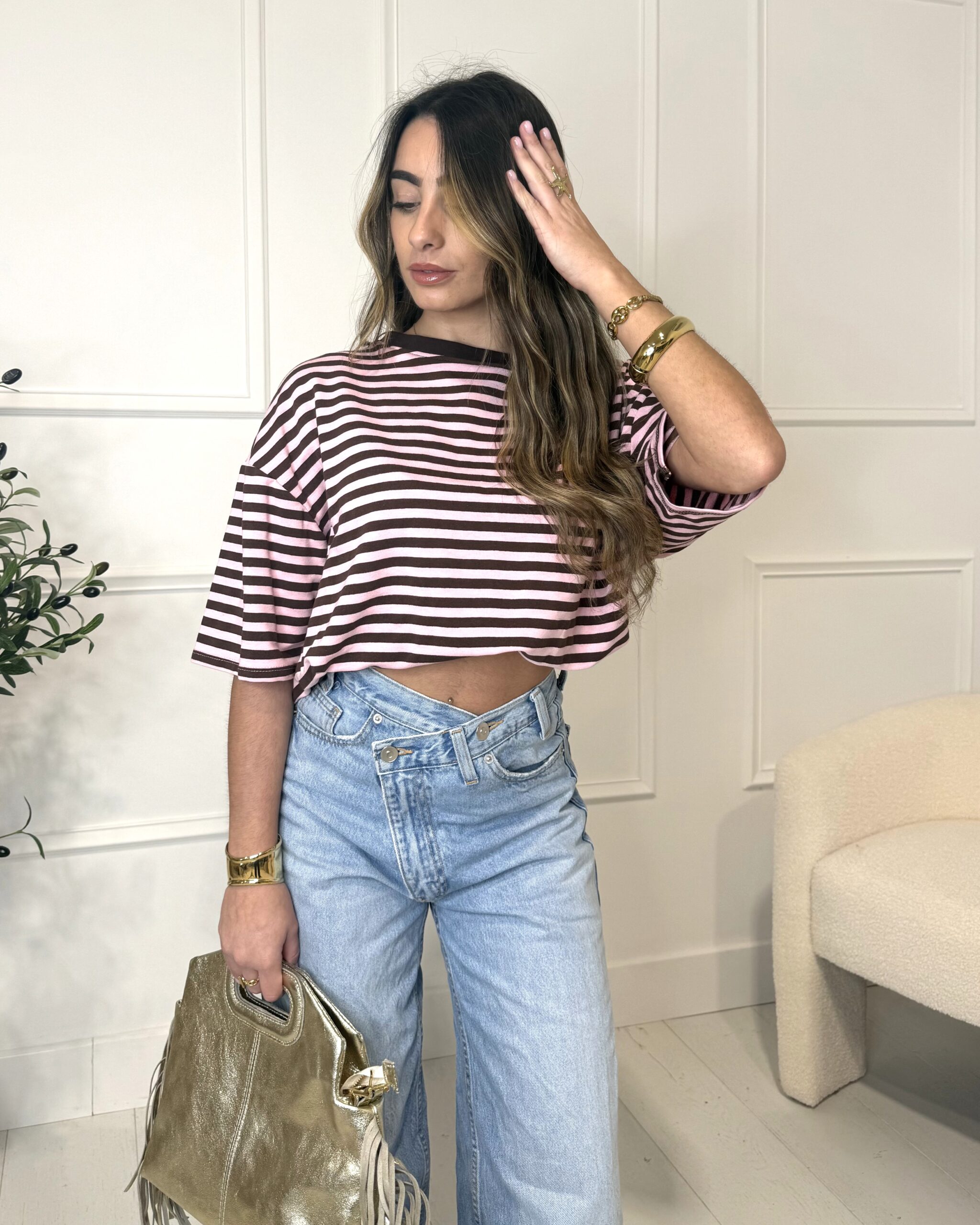 T-shirt oversize à manches courtes marinière marron et rose