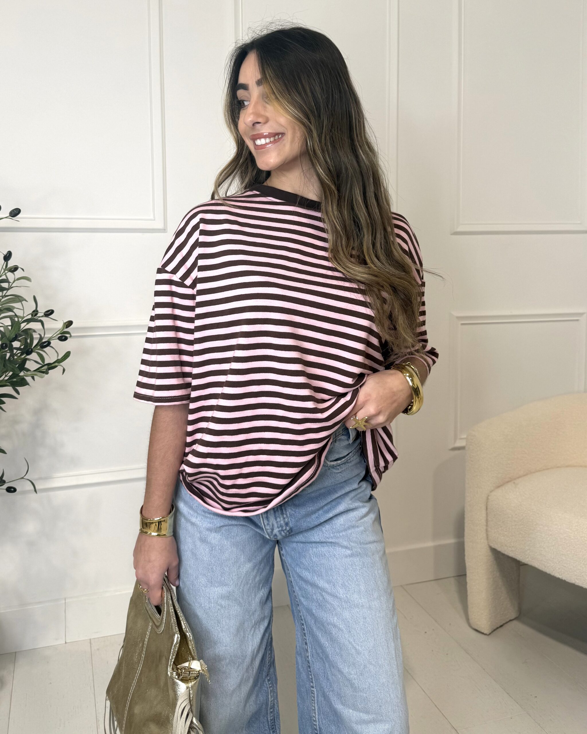 T-shirt oversize à manches courtes marinière marron et rose