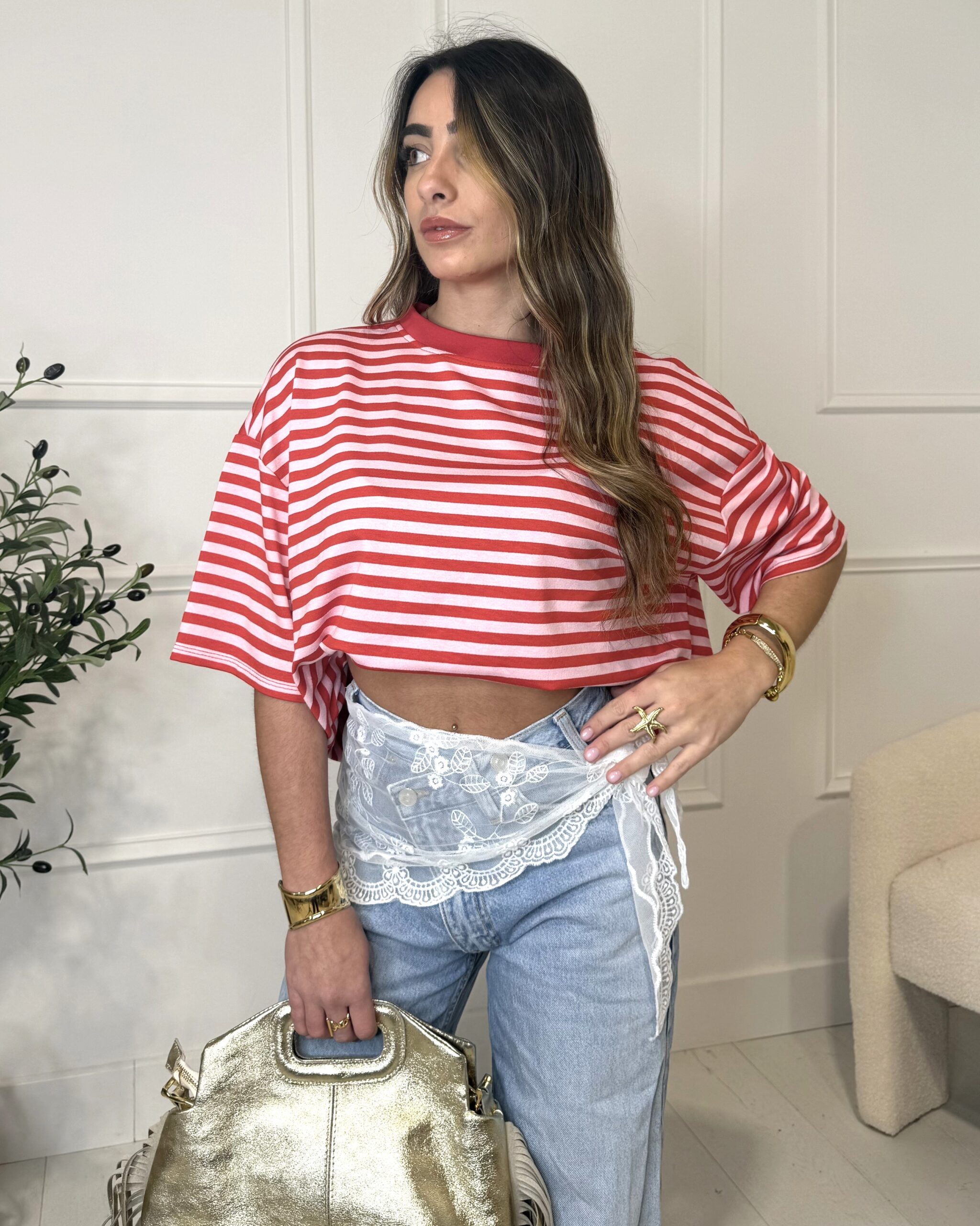 T-shirt oversize à manches courtes marinière rose rouge