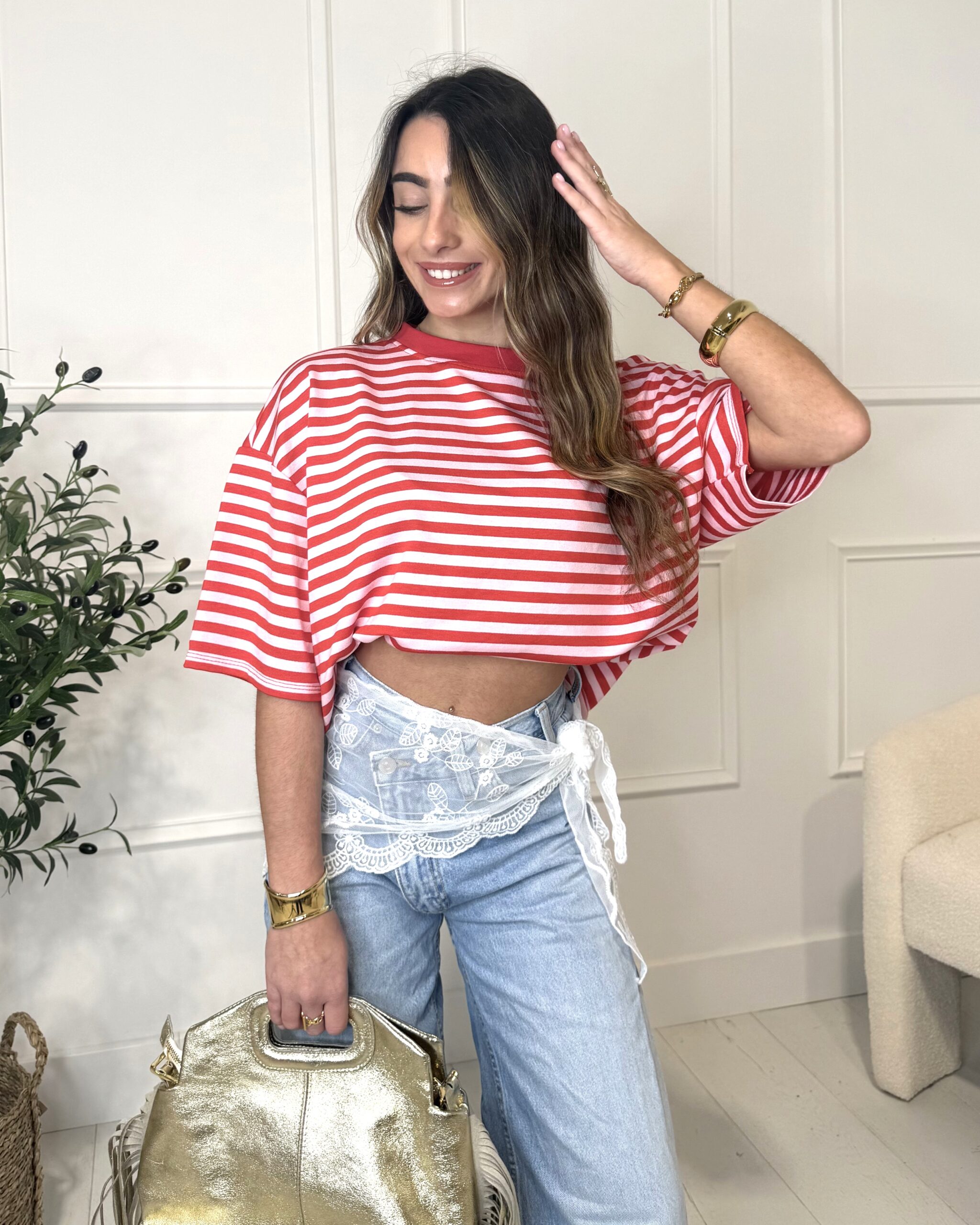 T-shirt oversize à manches courtes marinière rose rouge