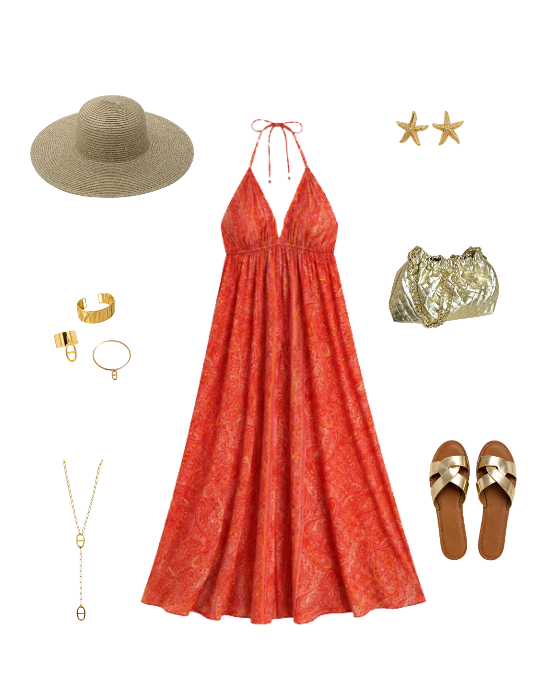 OUTFIT DE LA SEMAINE CHEZ GYAL : Robe bohème CALISTA corail associé avec nos sandales DORIA et notre chapeau RAIPONSE