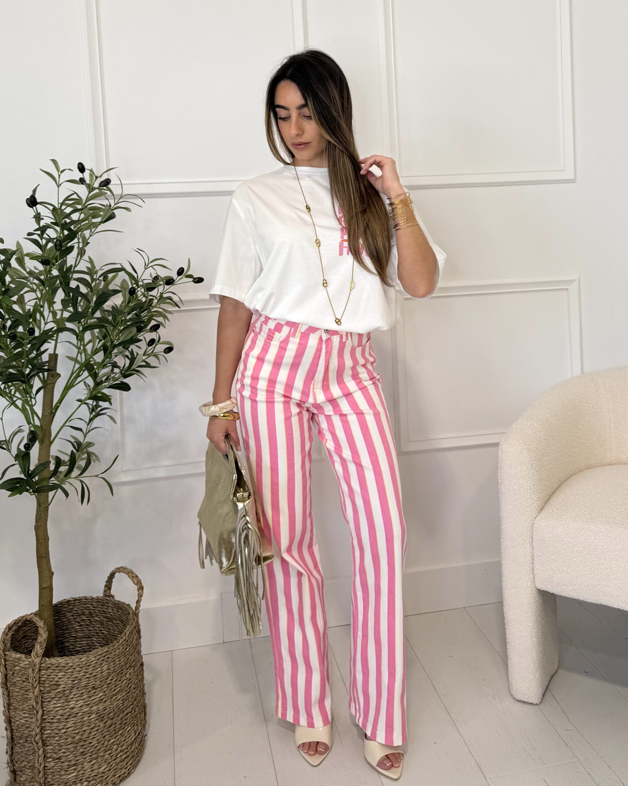 pantalon rayé rose blanc