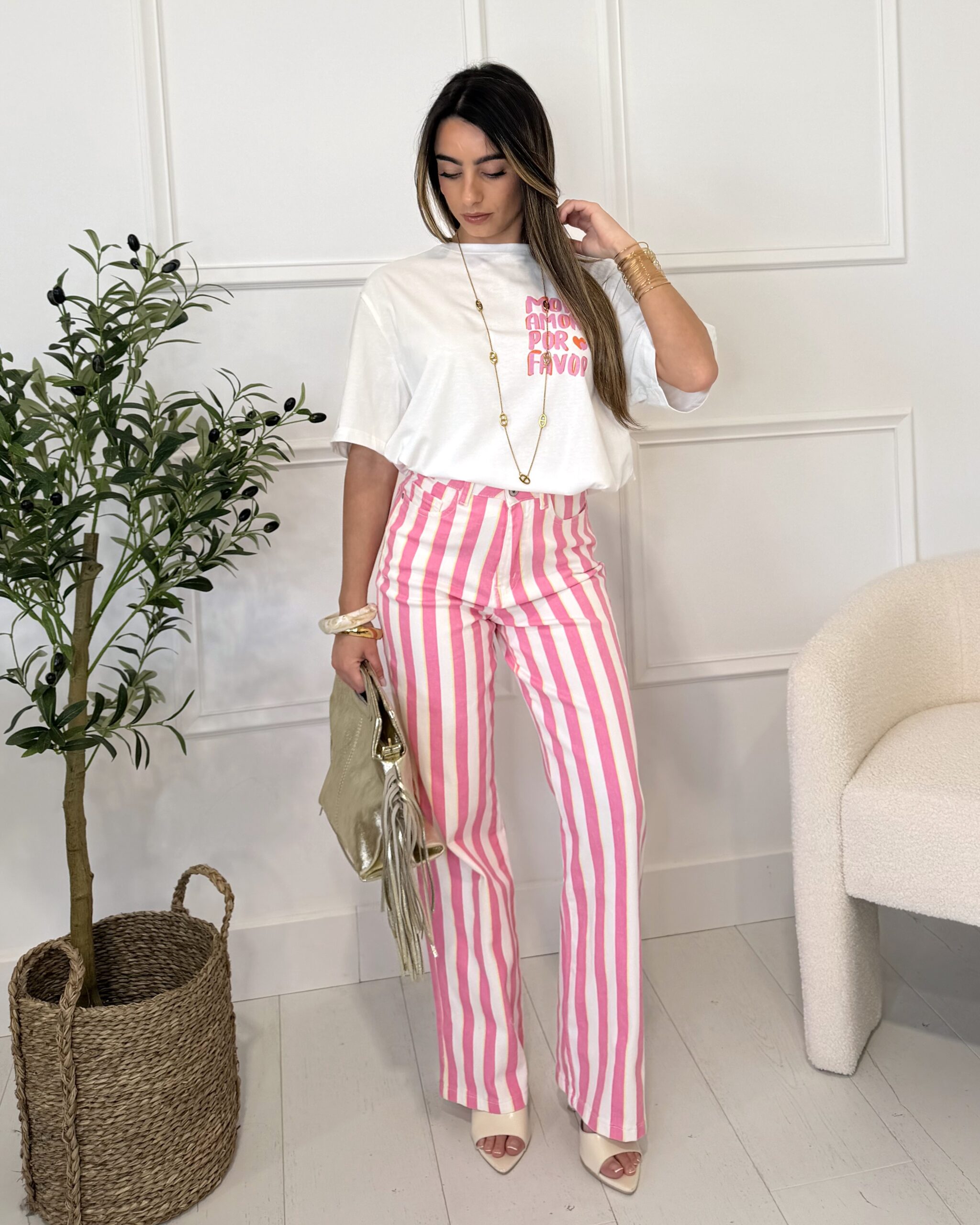 Pantalon rayé rose blanc