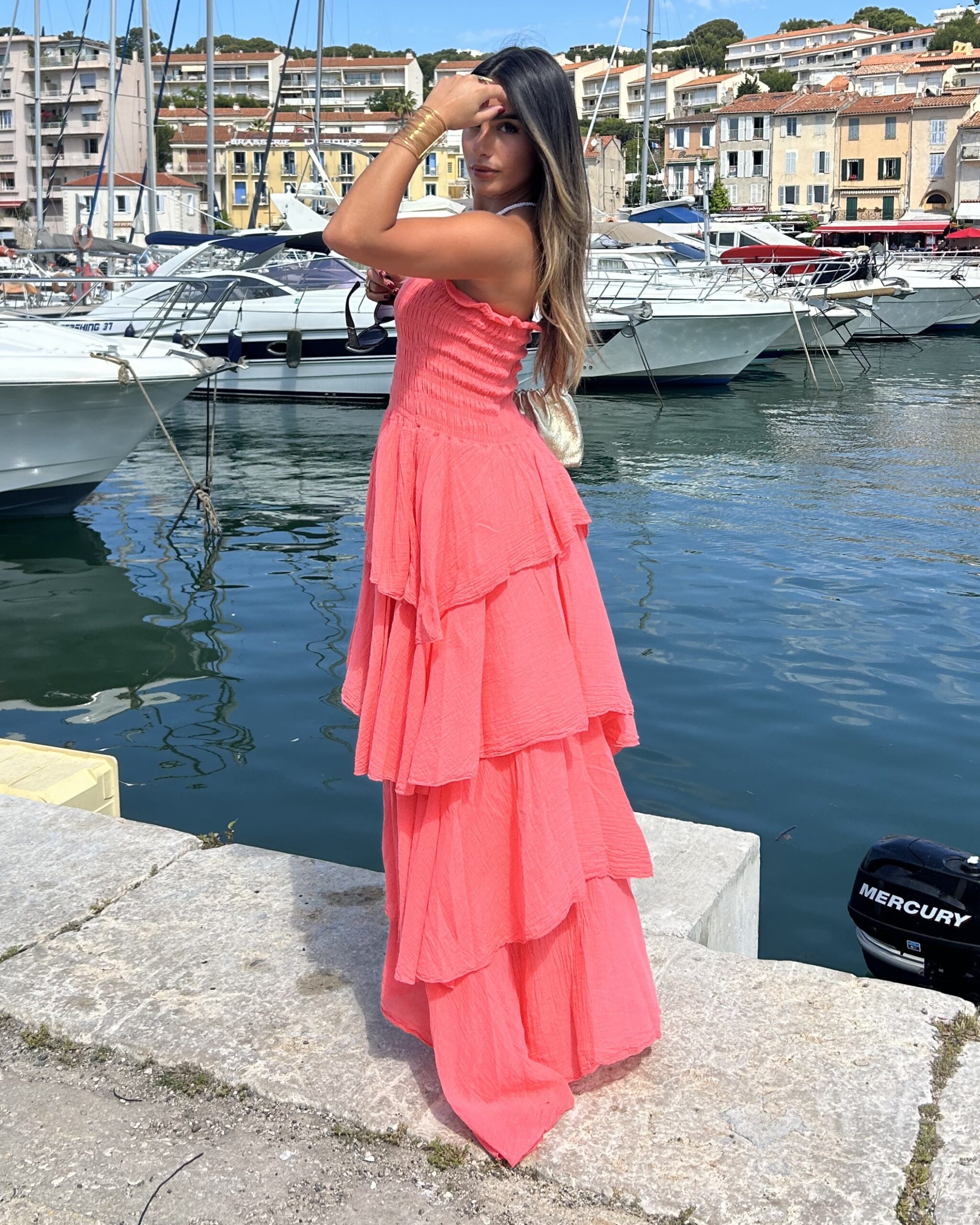 Robe longue bustier à volants femme corail