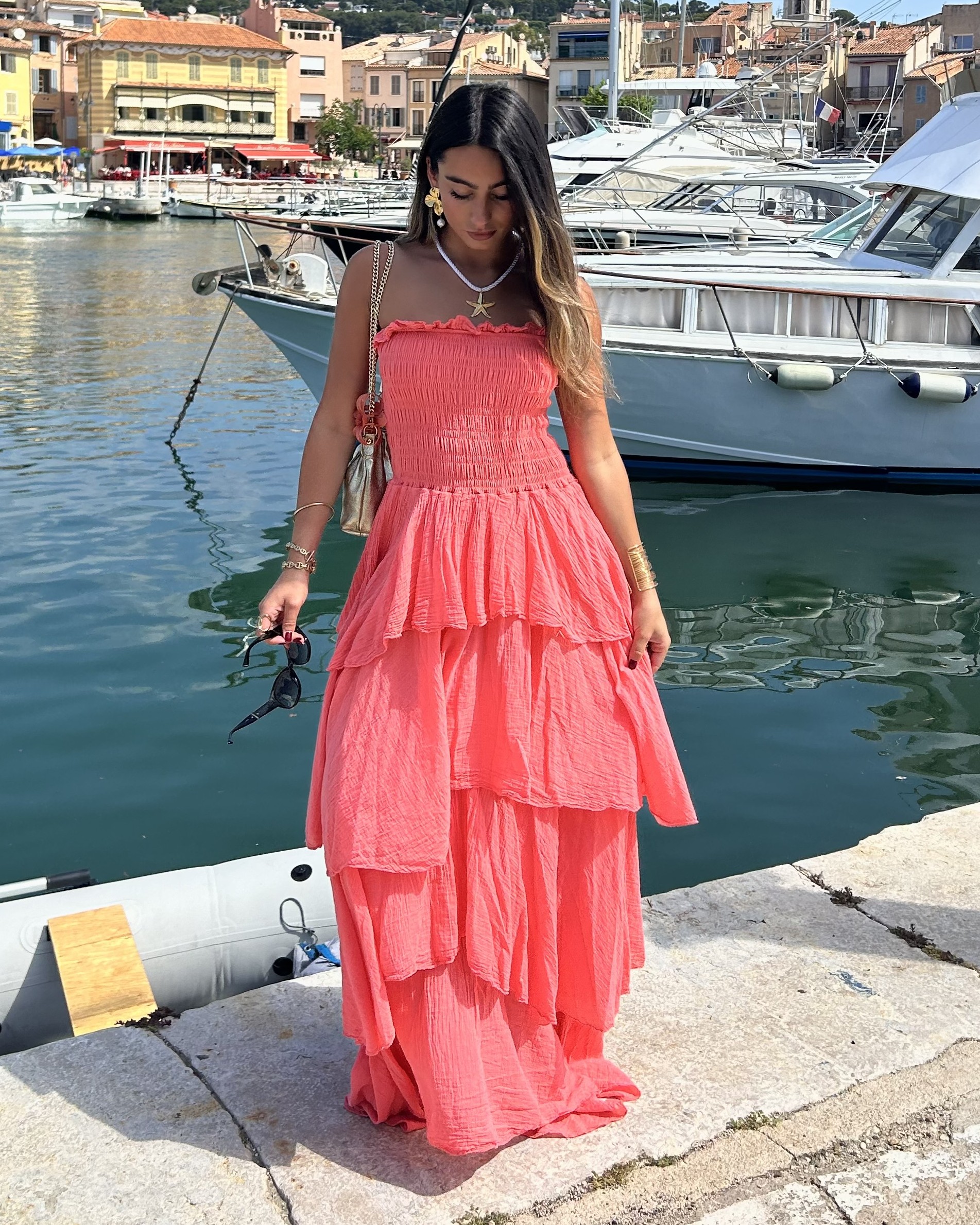 Robe longue bustier à volants femme corail