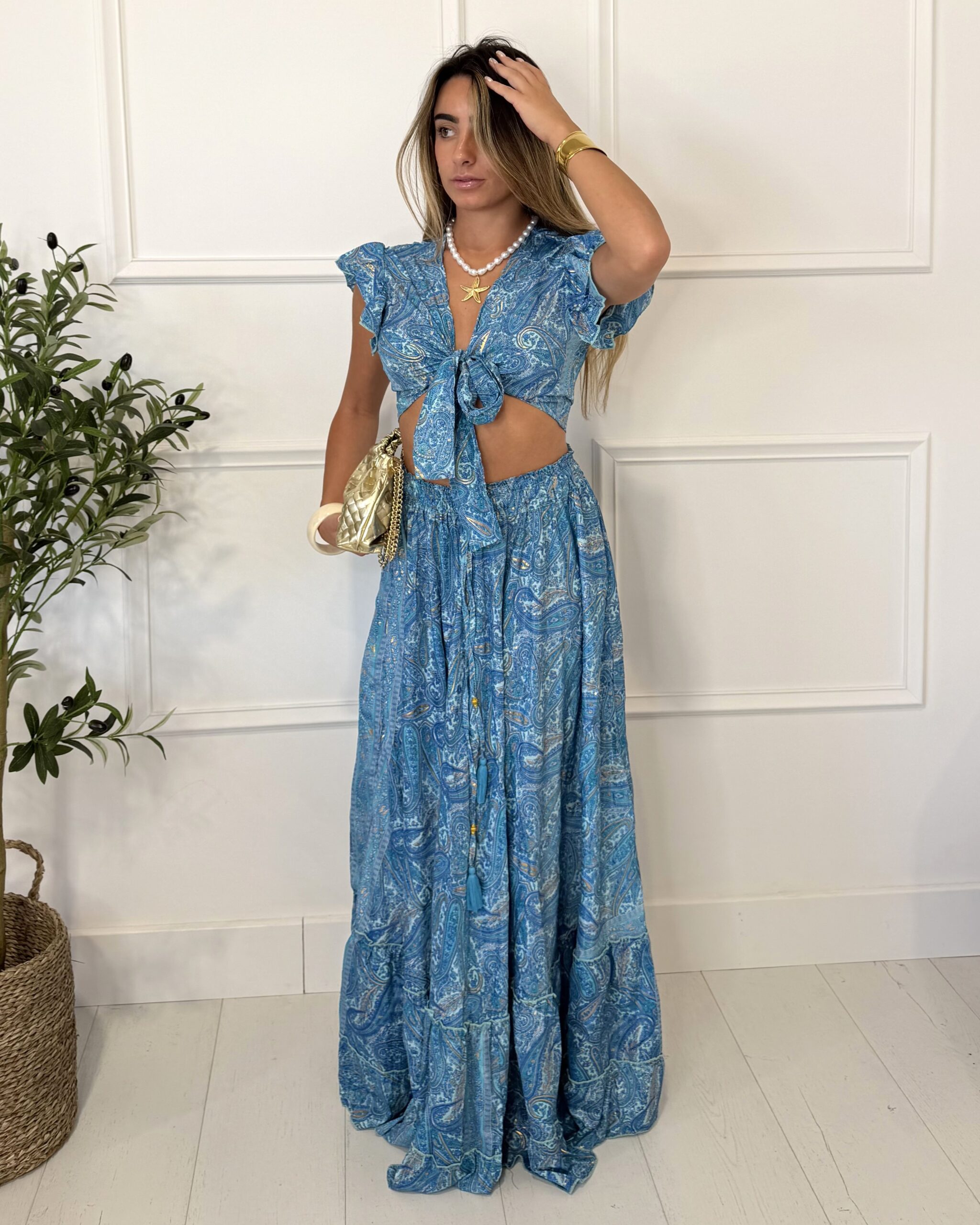 Ensemble bohème top et jupe bleu clair femme
