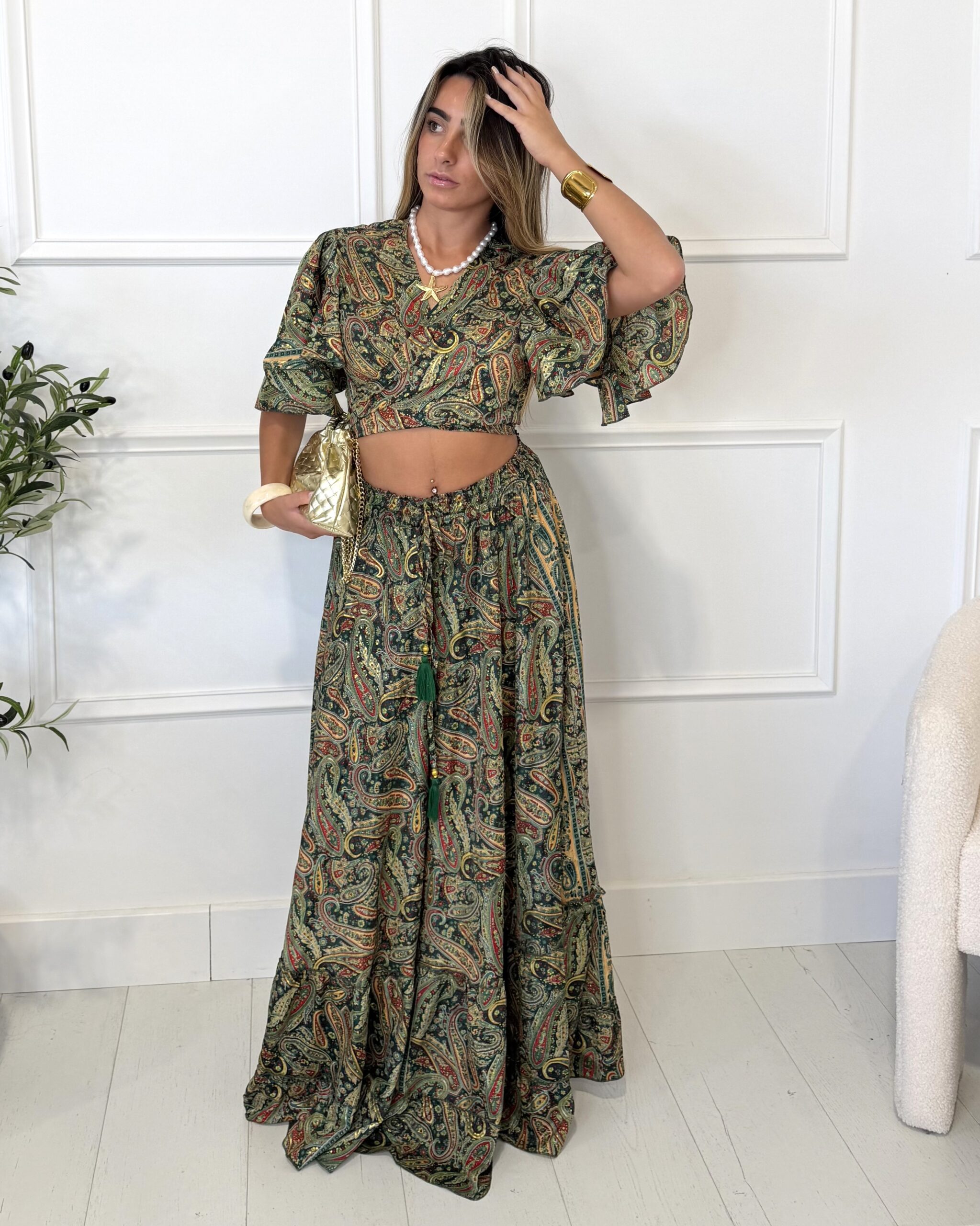 Ensemble bohème top et jupe kaki femme
