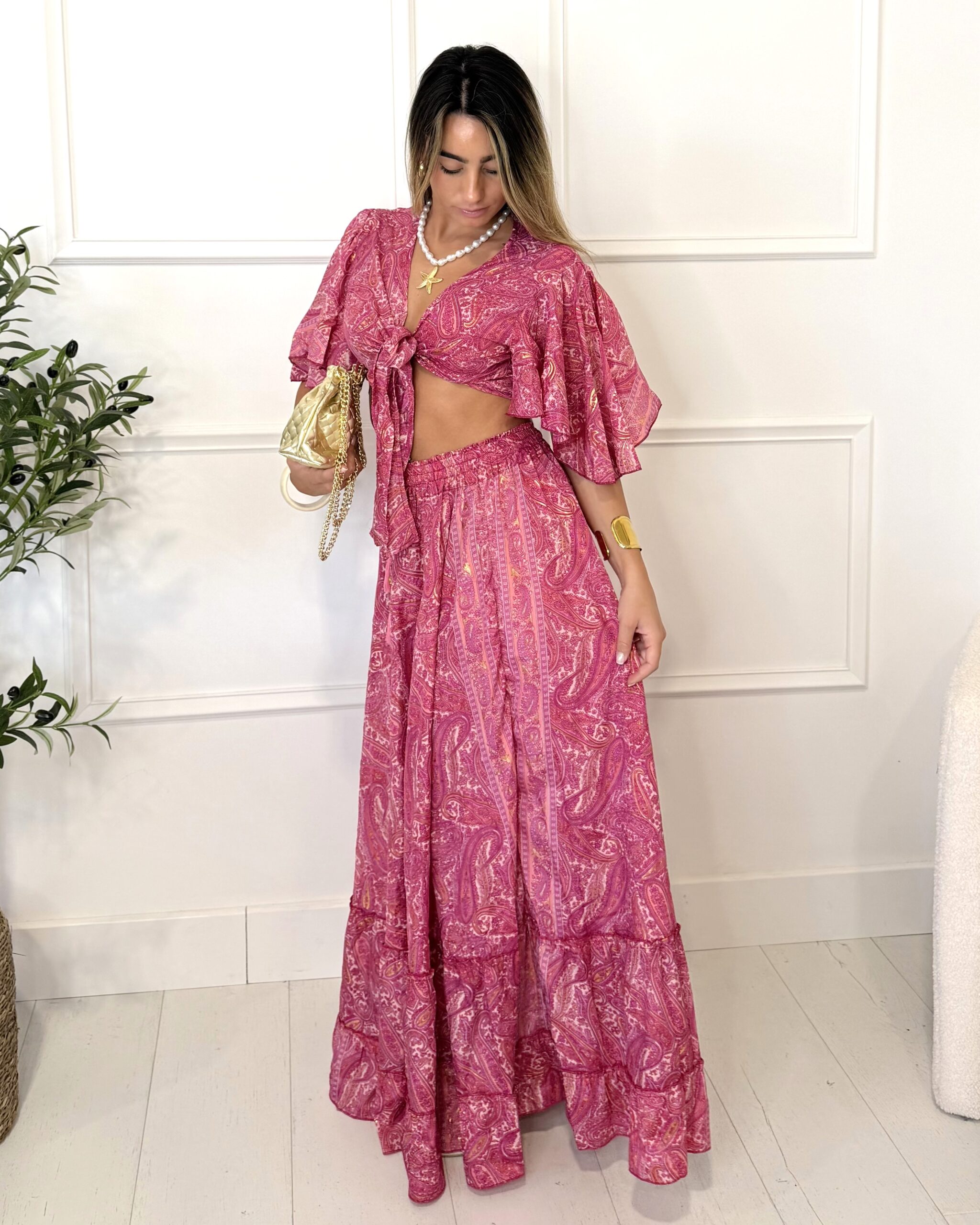 Ensemble bohème top et jupe rose fuchsia femme