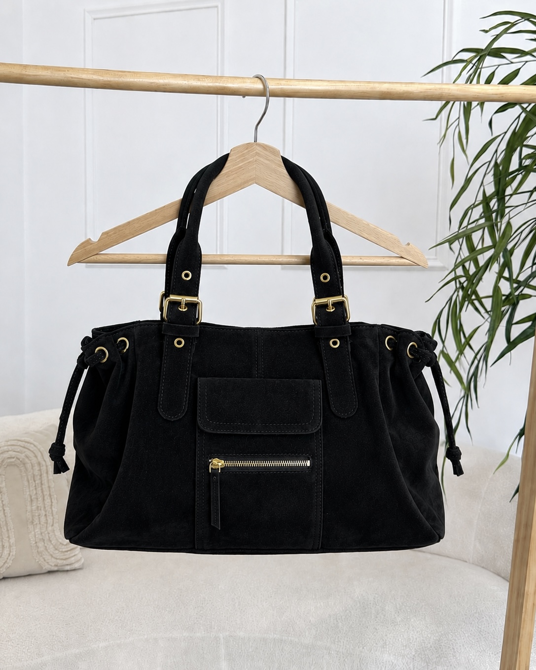 Sac de cours cuir daim noir tendance avec anses réglables