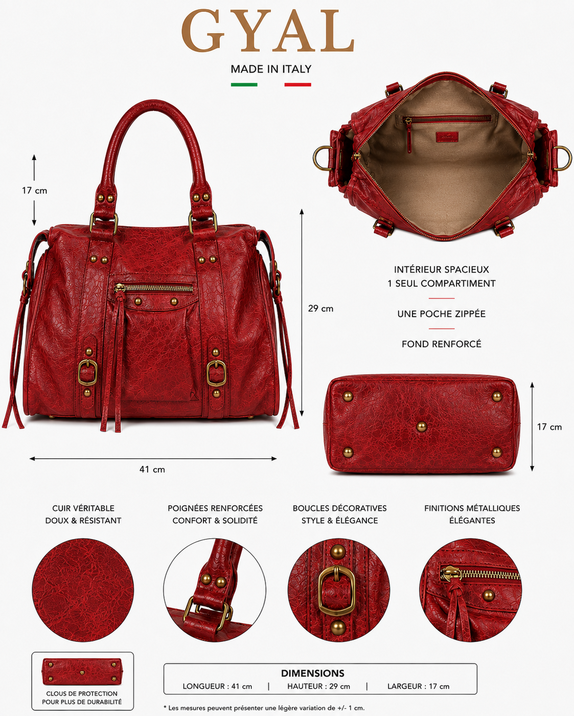 dimension sac en cuir rouge femme