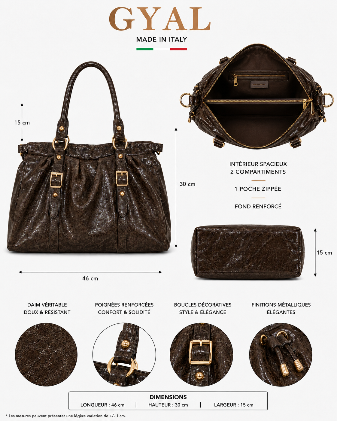 dimensions sac en cuir chocolat