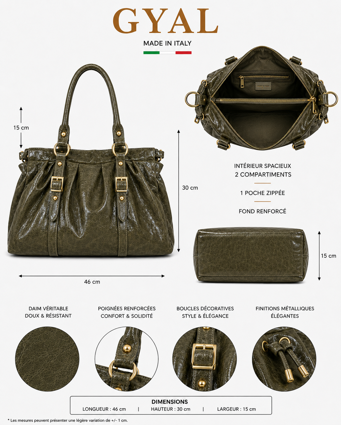dimensions sac en cuir kaki