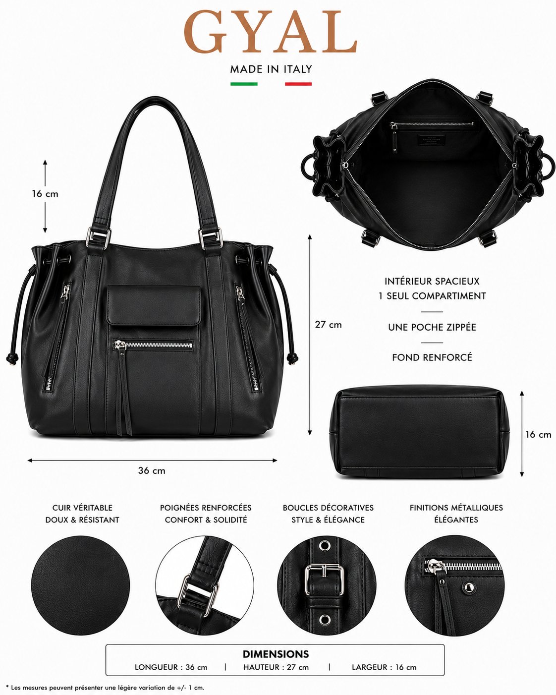 dimensions sac similicuir noir