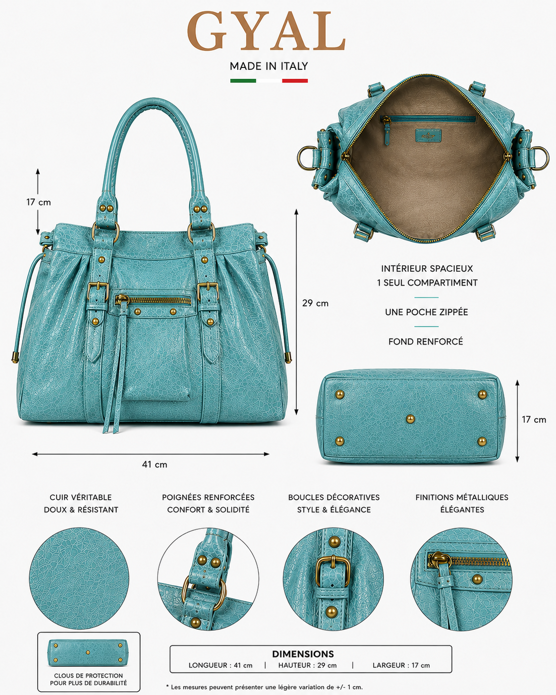 dimensions sac turquoise cuir tendance