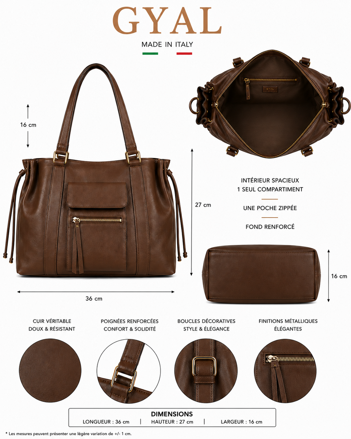 dimensions similicuir sac marron
