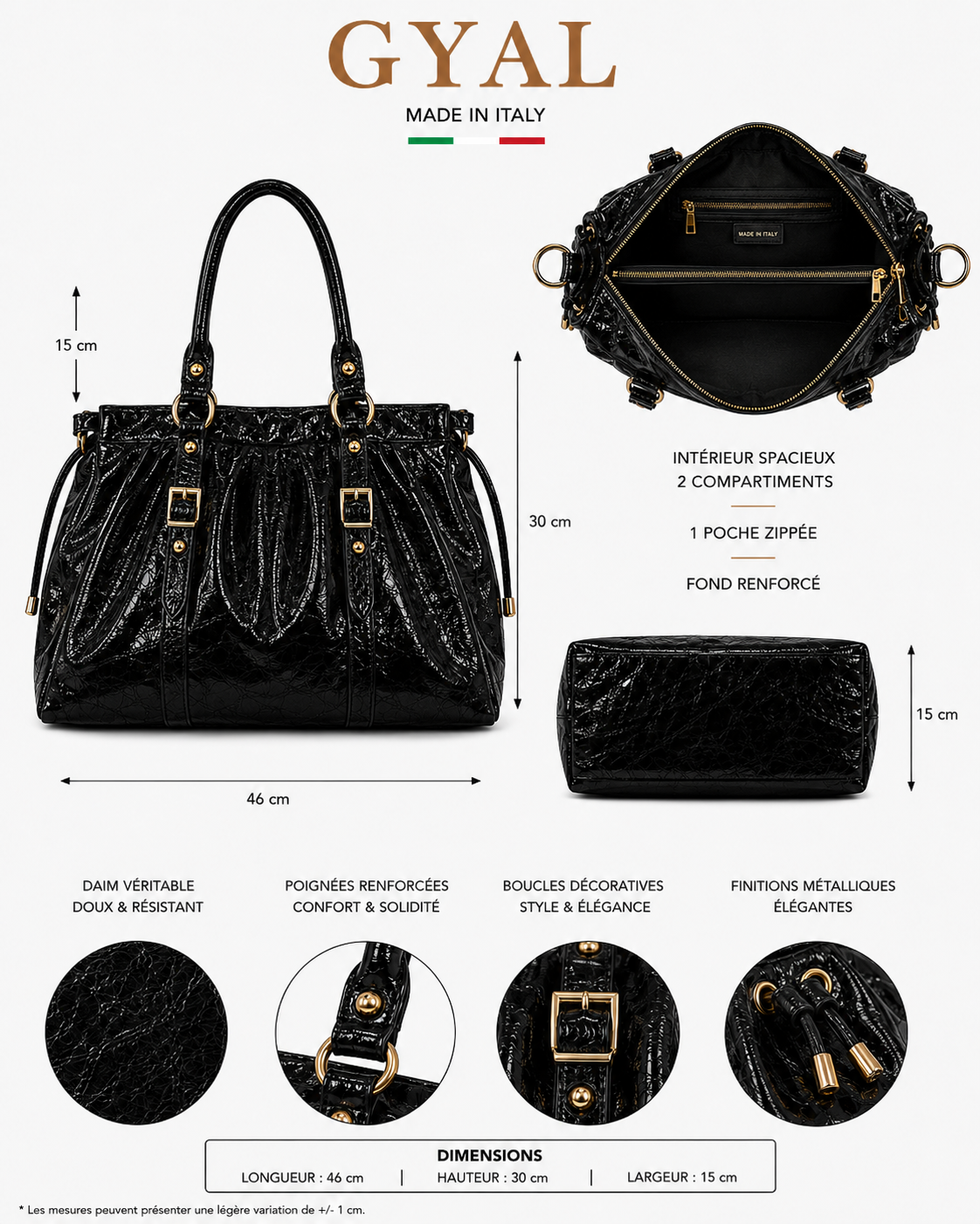 dimensions sac en cuir noir